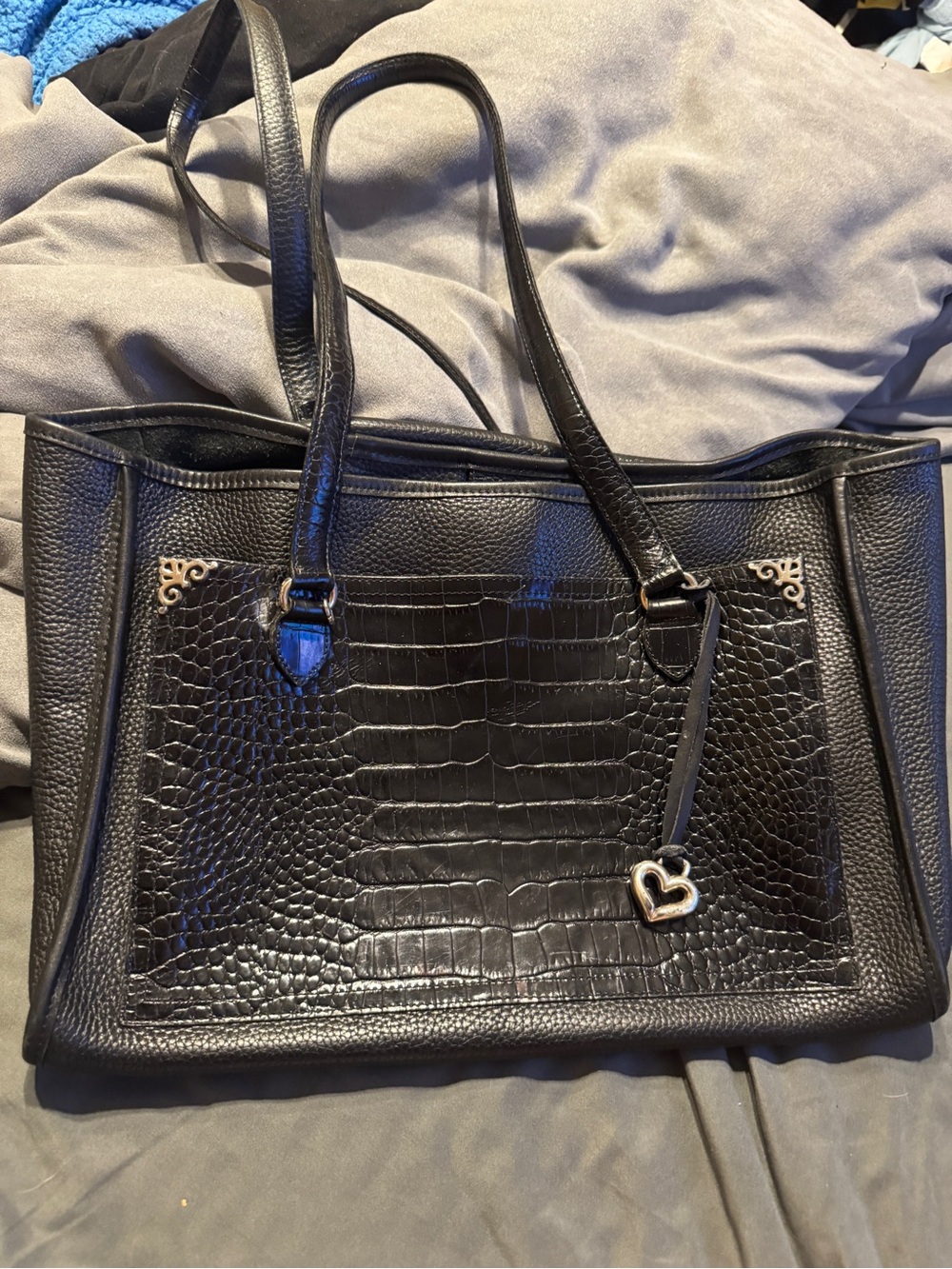 Brighton Black Croc-Texture Shoulder Tote with Heart Charm